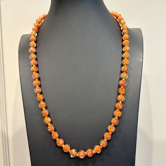 Vintage or Vtg style Murano Italian Art Glass Bead Necklace Orange 24“ - Picture 3 of 6
